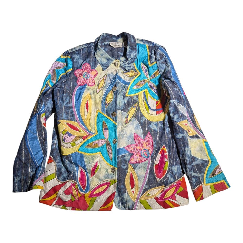 Vtg Y2K Draper's & Damon's Blue Acid Wash Denim Floral Applique Jacket Sz M